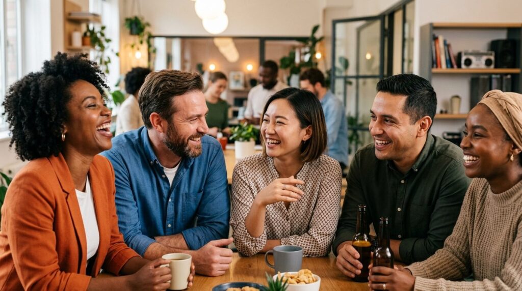 Close-up of diverse professional team members smiling and la