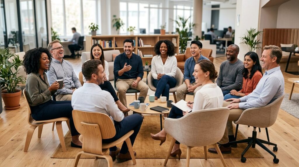Group of office workers of mixed ages and backgrounds sittin