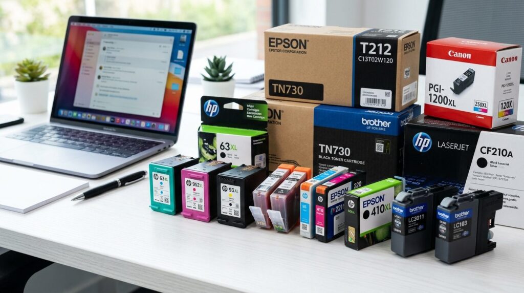 Close-up of various colorful printer ink cartridges and tone