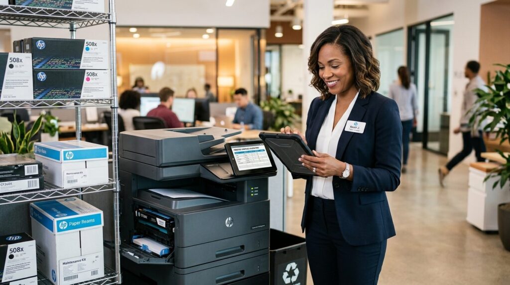 Team leader in business attire reviewing printer supplies in