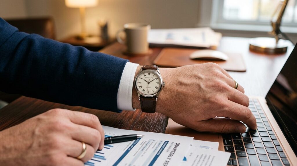Close-up detail shot of businessmans wrist wearing classic