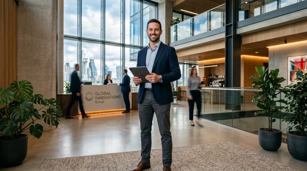 Successful professional man in business casual attire standi