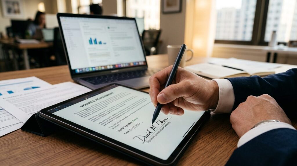 Close-up of male entrepreneurs hand signing digital contrac