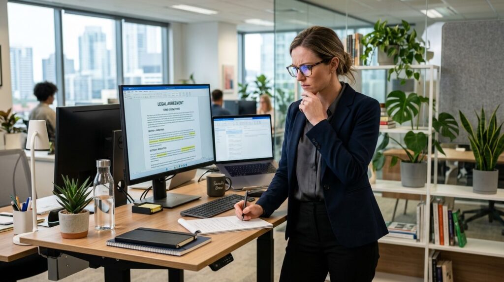 Professional woman in business casual attire at standing des
