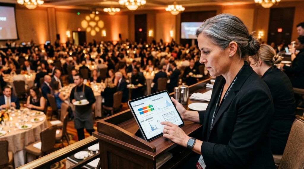 Experienced event operations director reviewing flexible sta