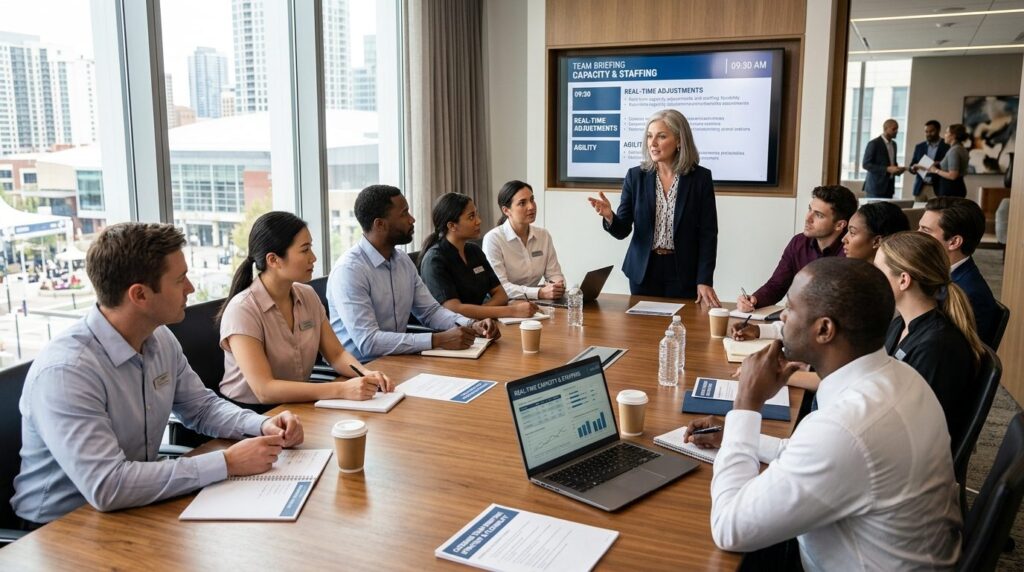 Senior catering manager leading a dynamic team briefing meet