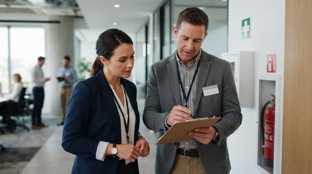 Close-up photograph of an HR manager and safety officer insp