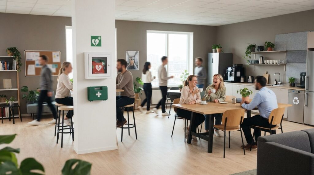 Wide shot of a well-organized office break room with emergen