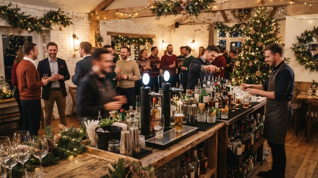 Wide-angle professional photograph of a festive corporate Ch