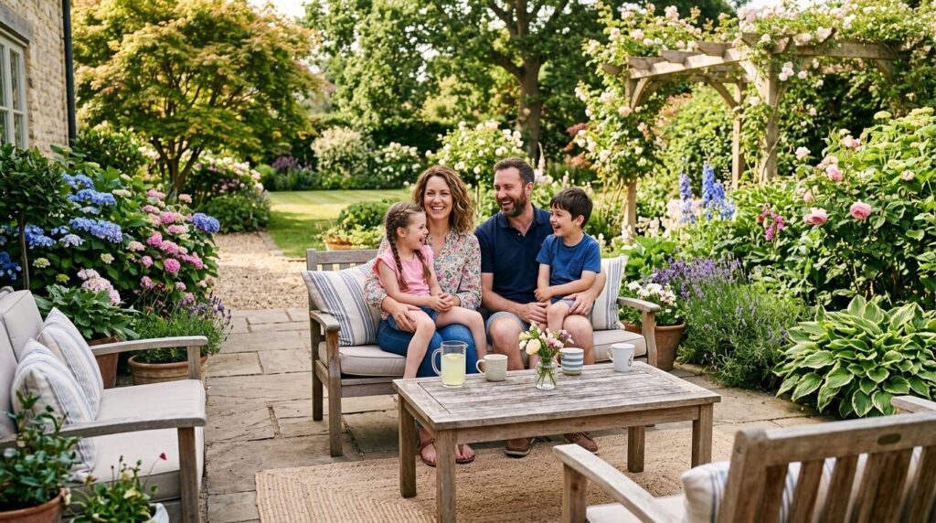 Photorealistic image of a family enjoying quality time outdo