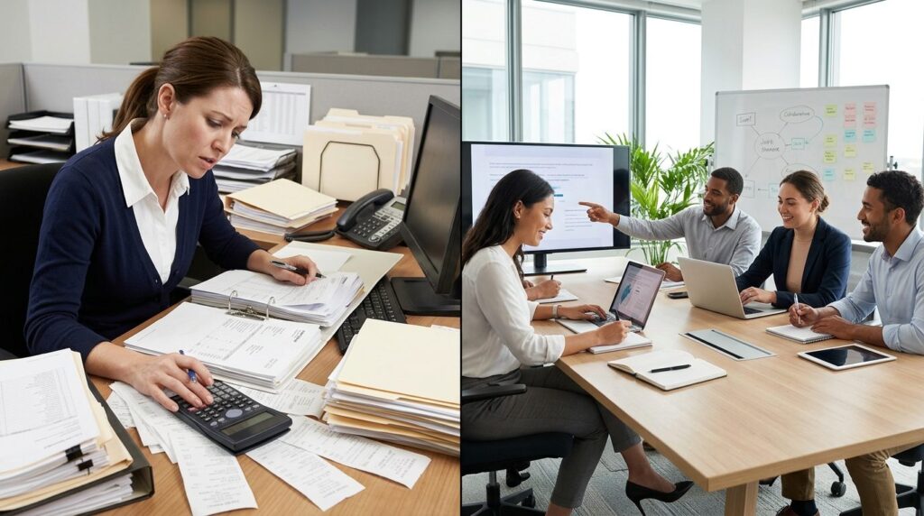 Split-screen concept: left side shows busy administrative em
