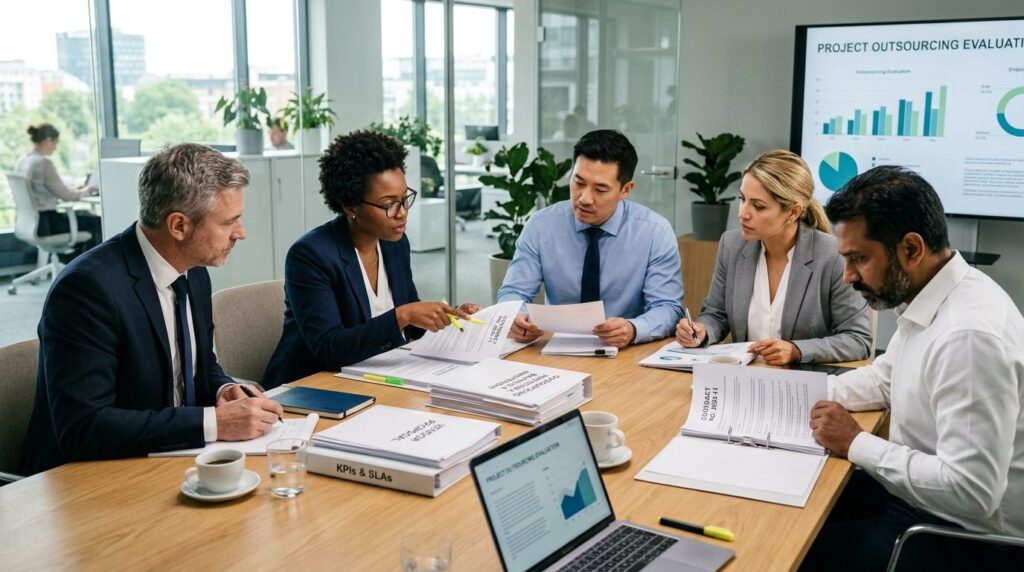 Business team in modern conference room reviewing outsourcin