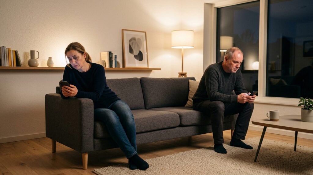 Middle-aged man and woman sitting on opposite ends of a couc