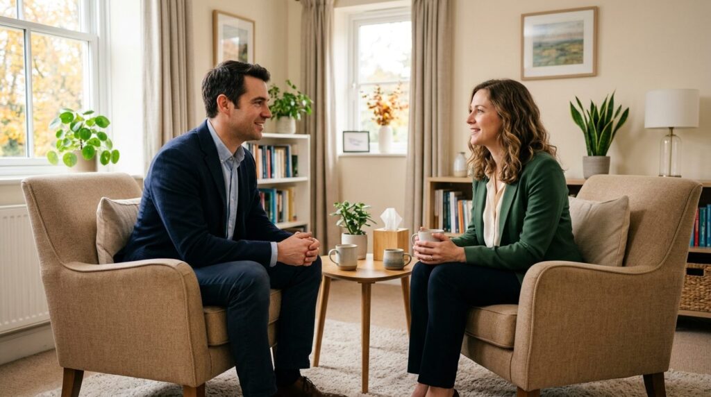 Couple in professional attire having a calm, connected conve