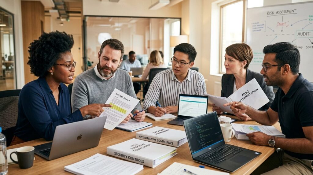 Close-up of diverse team of developers and security professi