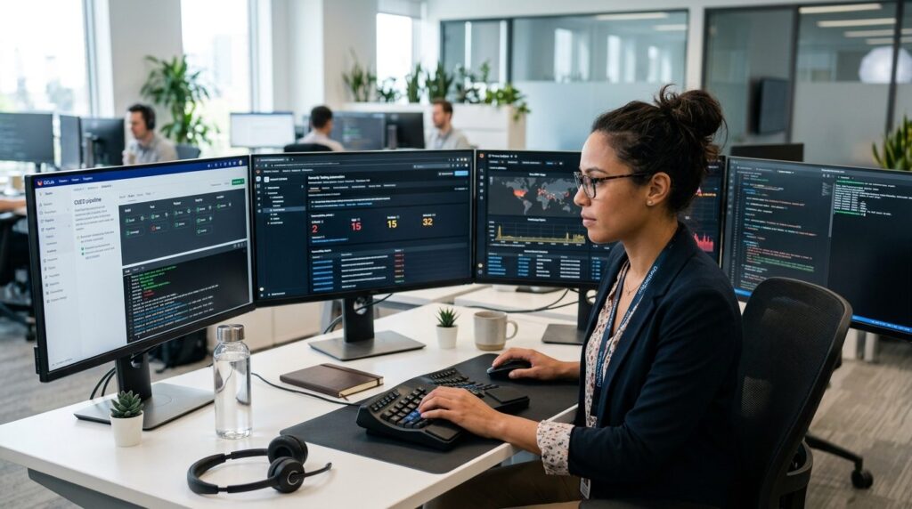 Female DevSecOps engineer at workstation with multiple scree