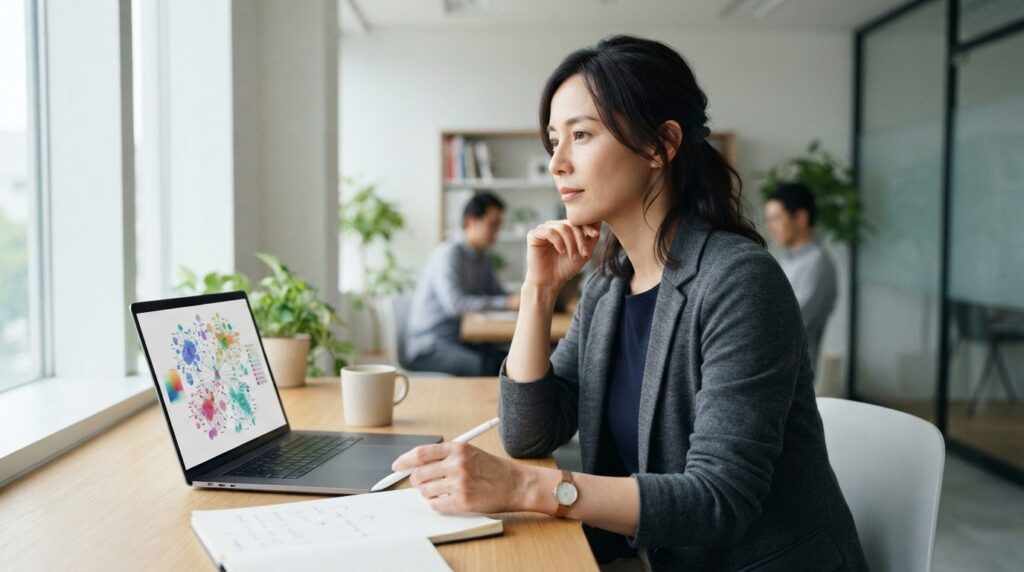 Professional woman sitting at desk with laptop, thoughtful e
