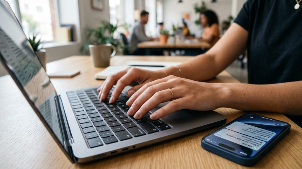 Close-up of hands typing on laptop keyboard in a professiona