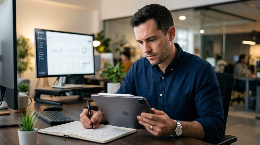 Close-up photograph of a professional man writing notes whil