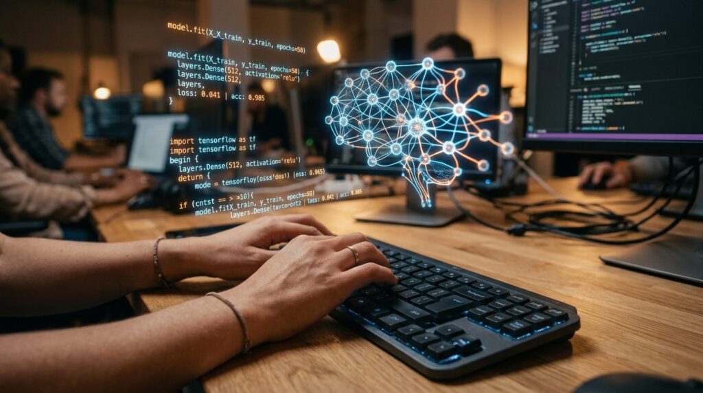 Close-up of hands typing on keyboard with glowing AI-generat