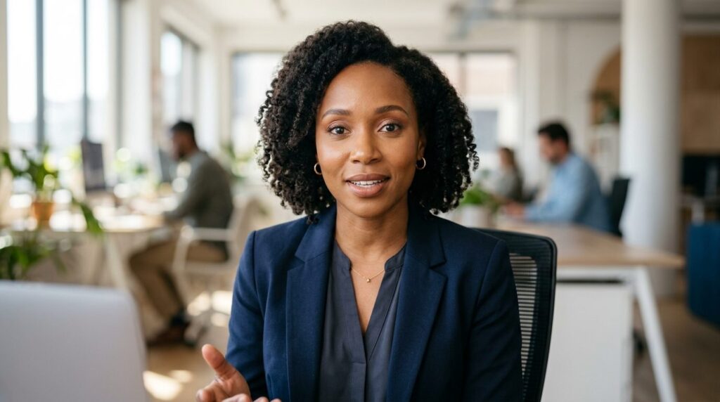 Close-up portrait of diverse female professional on camera d