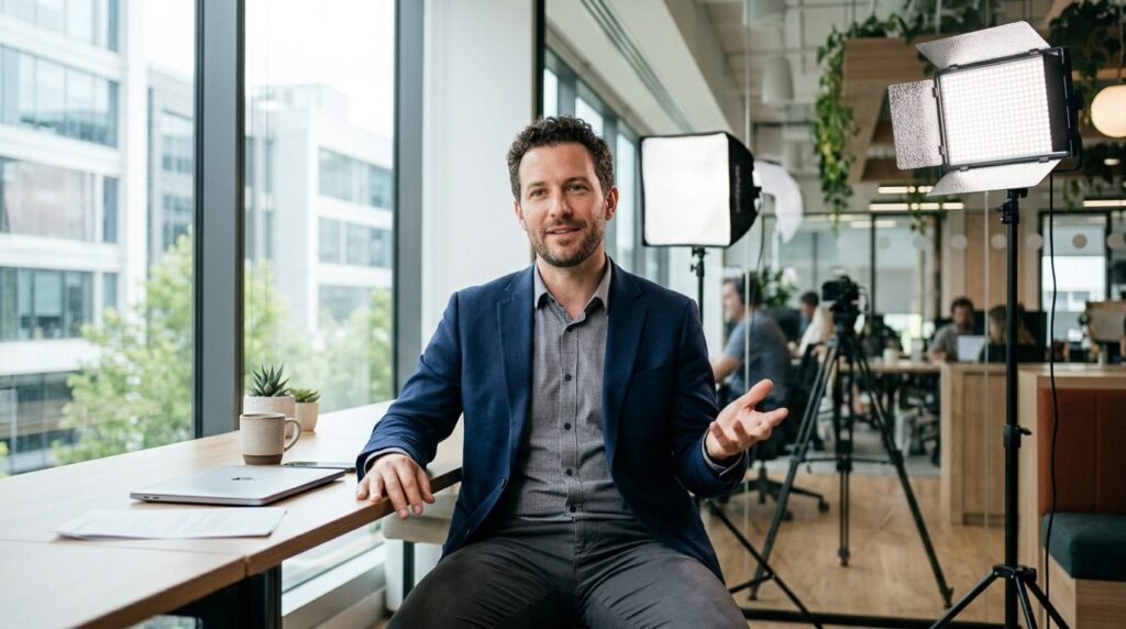 Male business professional in modern office setting sitting