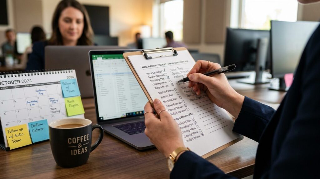 Professionel holder clipboard med dokumenter i hænderne.