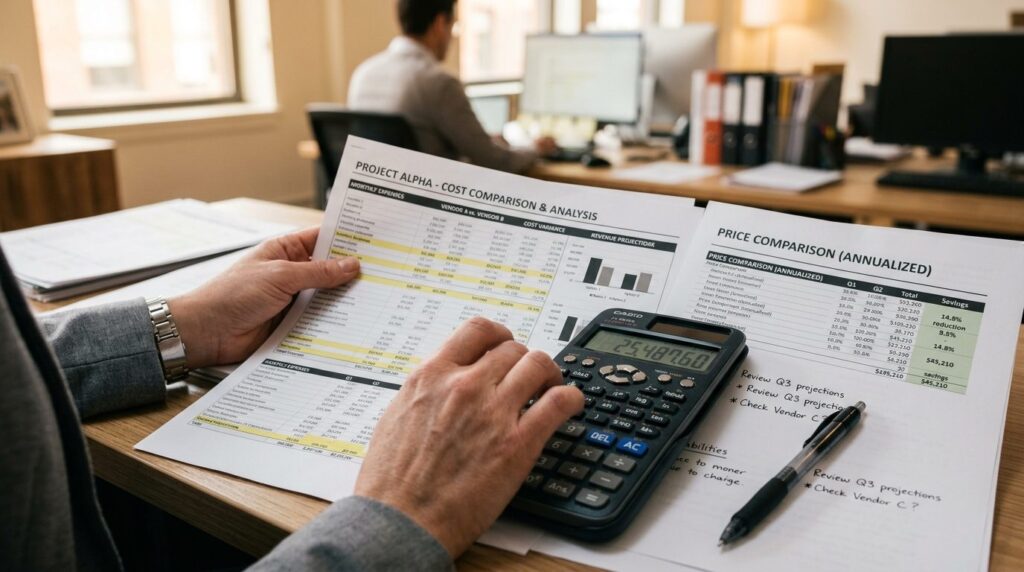 Close-up of hands holding calculator and financial documents