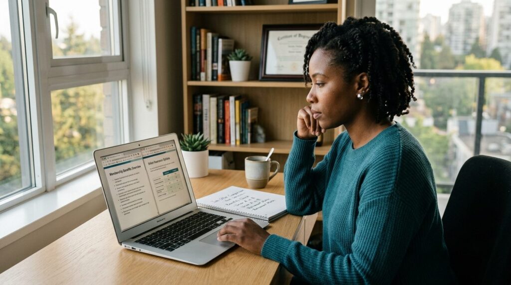 Young professional woman at laptop reviewing membership bene